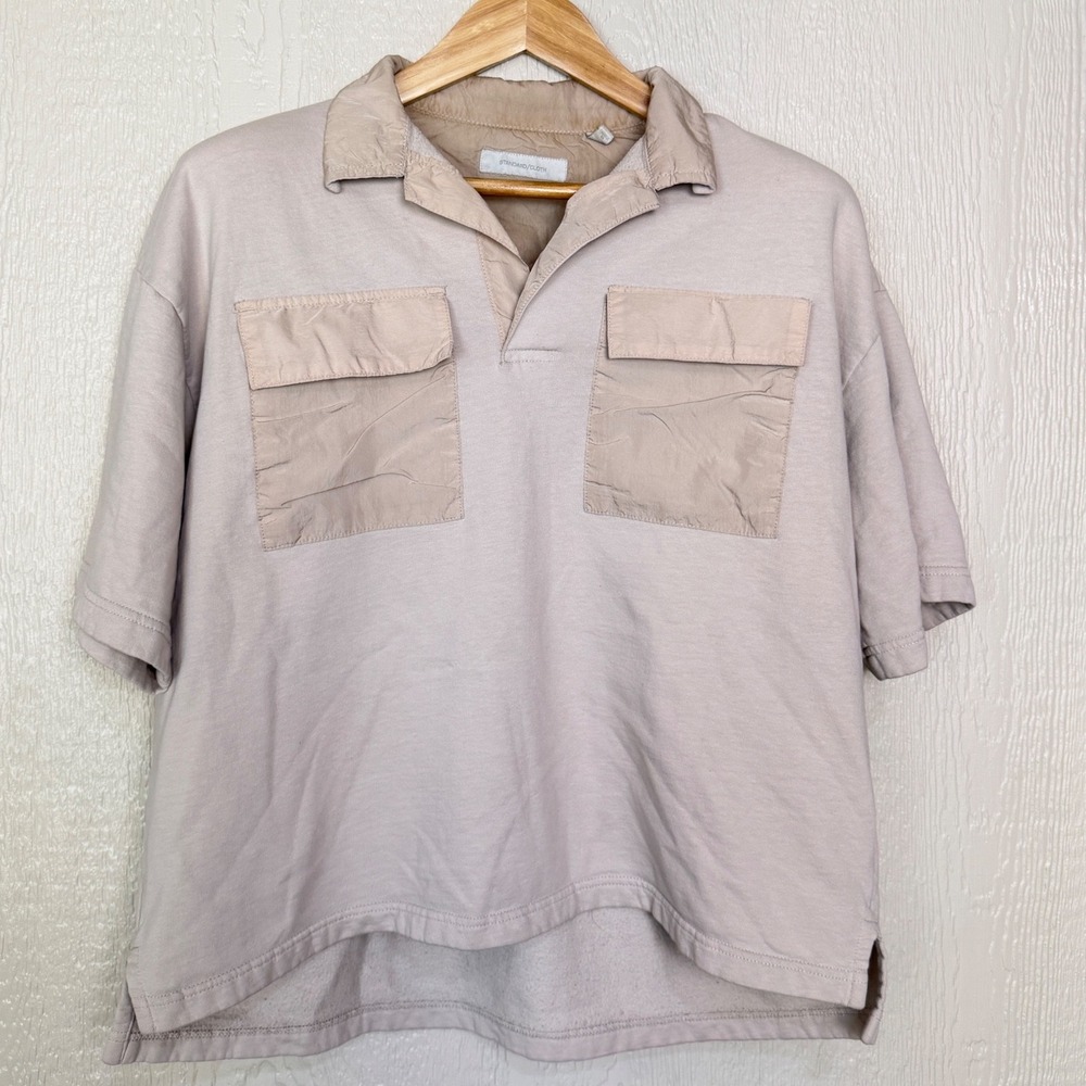 Standard Cloth Mens Small Tan Mixed Media Short Sleeve Polo Sweatshirt Beige S